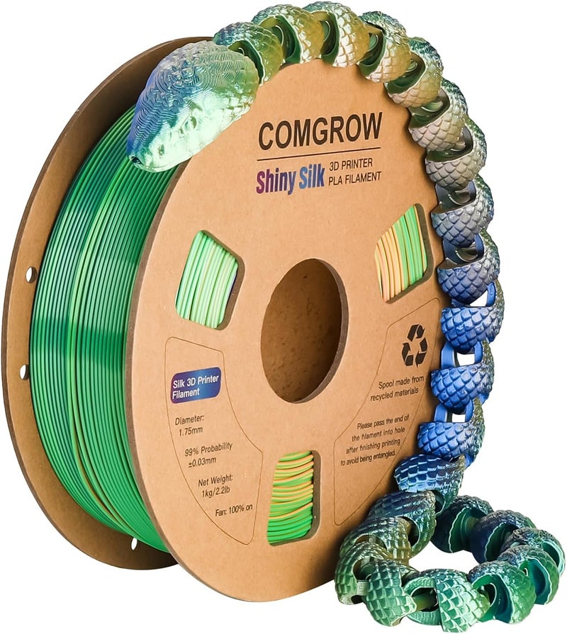 Comgrow Tri-Colors Silk PLA 3D Printer Filament, Rainbow PLA Filament 1.75mm, Dimensional Accuracy +/- 0.02 mm, 1KG Spool, Coextrusion 3D Filament with Shiny Silk Blue-Green-Orange - Image 1